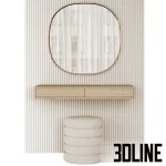 High-resolution 3D model of a floating wooden dressing table with two drawers, a large round brass-framed mirror, and a cylindrical beige upholstered pouf.