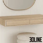 High-resolution 3D model of a floating wooden dressing table with two drawers, a large round brass-framed mirror, and a cylindrical beige upholstered pouf.