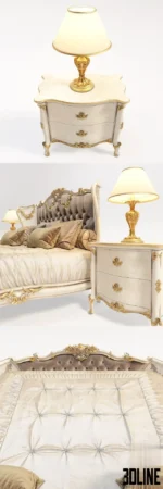 3D model of the Florence Art luxury classic bed, featuring an ornate cream and gold frame, a high button-tufted velvet headboard, and matching curved nightstands with lamps.
