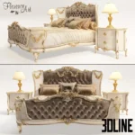 3D model of the Florence Art luxury classic bed, featuring an ornate cream and gold frame, a high button-tufted velvet headboard, and matching curved nightstands with lamps.