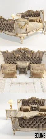 3D model of the Florence Art luxury classic bed, featuring an ornate cream and gold frame, a high button-tufted velvet headboard, and matching curved nightstands with lamps.