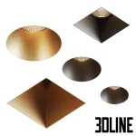 3D model collection of Flos Kap recessed downlights, showing round and square trim versions with various reflector finishes including matte gold, copper, black, and white.