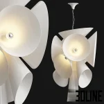 3D model of the Flos Nebula pendant light designed by Joris Laarman, consisting of a central cluster of white glass cones in varying sizes, creating a starburst effect.