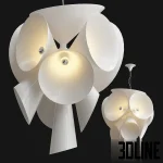 3D model of the Flos Nebula pendant light designed by Joris Laarman, consisting of a central cluster of white glass cones in varying sizes, creating a starburst effect.