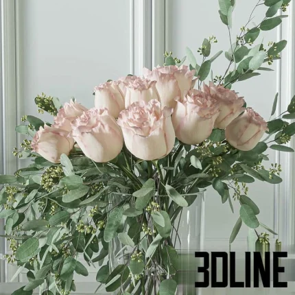 High-resolution 3D model set of two bouquets featuring pale pink roses and seeded eucalyptus in two modern glass vases (one smoked, one clear).