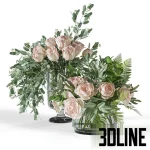 High-resolution 3D model set of two bouquets featuring pale pink roses and seeded eucalyptus in two modern glass vases (one smoked, one clear).