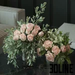 High-resolution 3D model set of two bouquets featuring pale pink roses and seeded eucalyptus in two modern glass vases (one smoked, one clear).