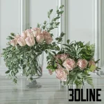 High-resolution 3D model set of two bouquets featuring pale pink roses and seeded eucalyptus in two modern glass vases (one smoked, one clear).