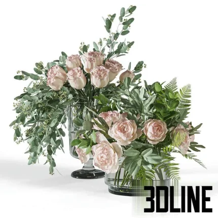 High-resolution 3D model set of two bouquets featuring pale pink roses and seeded eucalyptus in two modern glass vases (one smoked, one clear).