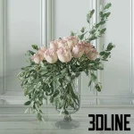 High-resolution 3D model set of two bouquets featuring pale pink roses and seeded eucalyptus in two modern glass vases (one smoked, one clear).