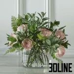 High-resolution 3D model set of two bouquets featuring pale pink roses and seeded eucalyptus in two modern glass vases (one smoked, one clear).