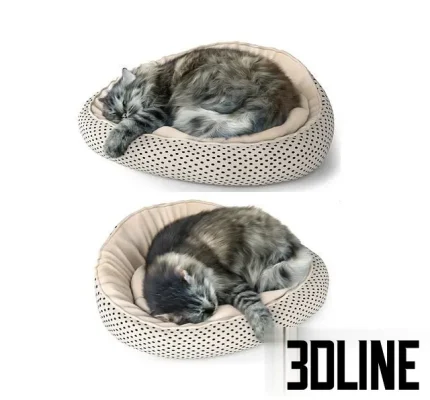 3D model of a fluffy grey tabby cat sleeping curled up on a soft beige and black polka-dot pet bed with raised edges.