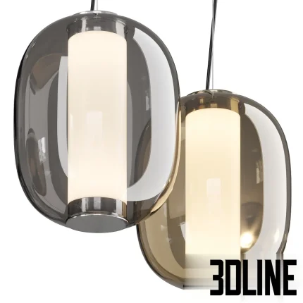 Detailed 3D model of two FontanaArte MERIDIANO hanging lamps, featuring a clear internal frosted diffuser cylinder encased in an external smoked grey and amber blown glass globe.