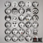 3D model collection of Piero Fornasetti "Tema e Variazioni" decorative wall plates, featuring various surreal black and white portraits of Lina Cavalieri with glasses, moustaches, and masks.