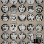 3D model collection of Piero Fornasetti "Tema e Variazioni" decorative wall plates, featuring various surreal black and white portraits of Lina Cavalieri with glasses, moustaches, and masks.