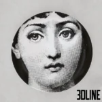 3D model collection of Piero Fornasetti "Tema e Variazioni" decorative wall plates, featuring various surreal black and white portraits of Lina Cavalieri with glasses, moustaches, and masks.
