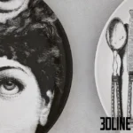 3D model collection of Piero Fornasetti "Tema e Variazioni" decorative wall plates, featuring various surreal black and white portraits of Lina Cavalieri with glasses, moustaches, and masks.