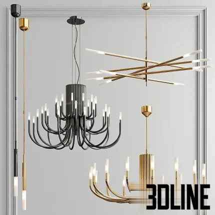 Detailed 3D model set of four modern chandeliers (Rousseau Collection 52), including gold linear lights and black multi-arm pendant fixtures with exposed bulbs.