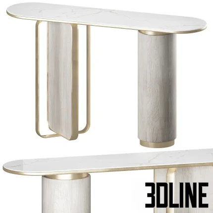 Detailed 3D model of a designer console table, featuring an oval marble top, a round wood cylindrical support, and a stylized gold brass metal loop leg.