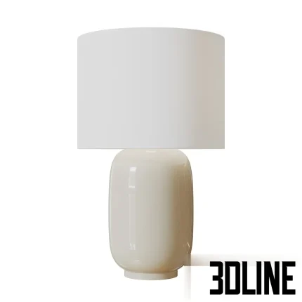 3D model of the Frandsen Cadiz table lamp, featuring a smooth, glossy white opal glass base in a rounded shape and a matching white cylindrical fabric shade.