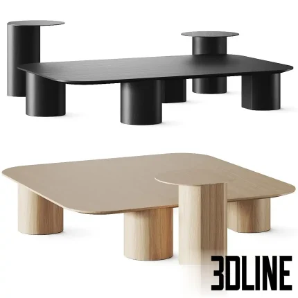 Detailed 3D model set of the Frigerio Elly coffee tables, featuring rounded rectangular tops and thick cylindrical wood bases, shown in light and dark brown wood finishes.