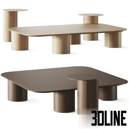 Detailed 3D model set of the Frigerio Elly coffee tables, featuring rounded rectangular tops and thick cylindrical wood bases, shown in light and dark brown wood finishes.
