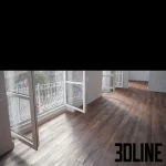 High-resolution 3D texture set of Frimontsky parquet flooring, featuring realistic Elm and Hickory wood grain patterns applied to a room floor scene and displayed as material swatches.