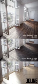 High-resolution 3D texture set of Frimontsky parquet flooring, featuring realistic Elm and Hickory wood grain patterns applied to a room floor scene and displayed as material swatches.