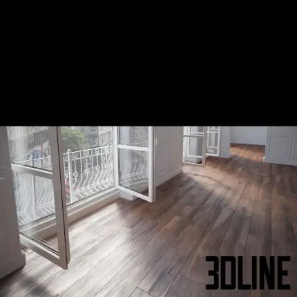 High-resolution 3D texture set of Frimontsky parquet flooring, featuring realistic Elm and Hickory wood grain patterns applied to a room floor scene and displayed as material swatches.
