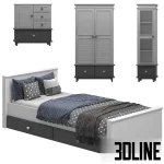 3D model of a full children's bedroom set in white and grey, including a single bed with under-bed storage drawers, a two-door wardrobe, and a chest of drawers.