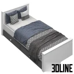 3D model of a full children's bedroom set in white and grey, including a single bed with under-bed storage drawers, a two-door wardrobe, and a chest of drawers.