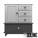3D model of a full children's bedroom set in white and grey, including a single bed with under-bed storage drawers, a two-door wardrobe, and a chest of drawers.