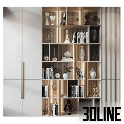3D model of Furniture Composition MLK 28, a large modern wall unit combining closed white wardrobes with an open display section featuring vertical wood slats and integrated LED strip lighting.