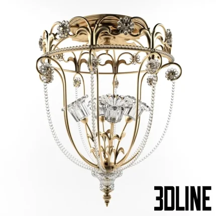 3D model of the Gallo Chandelier, a luxury lantern-style fixture featuring a gold/brass cage frame adorned with crystal flowers, beaded swags, and internal glass trumpets holding bulbs.