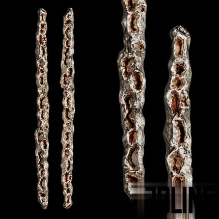 High-resolution 3D model of two long, decorative furniture handles with a highly textured, organic bark-like surface and polished silver/chrome finish.