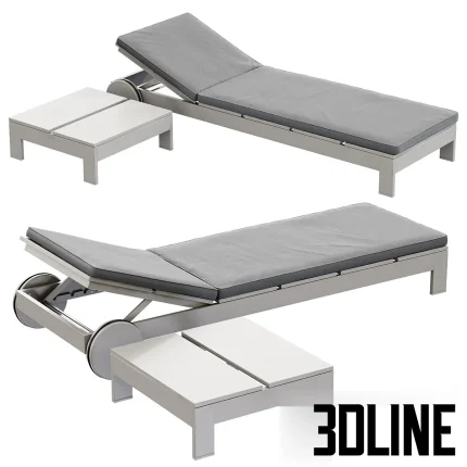 Detailed 3D model set of the Gandiablasco Na Xemena chaise lounge, featuring a white aluminum frame, adjustable backrest, grey cushion, and a pair of matching side tables.
