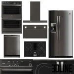 Complete 3D model set of 5 GE Profile kitchen appliances in a black stainless finish, including oven, fridge, dishwasher, hood, and cooktop.
