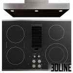 Complete 3D model set of 5 GE Profile kitchen appliances in a black stainless finish, including oven, fridge, dishwasher, hood, and cooktop.