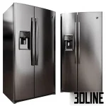 Complete 3D model set of 5 GE Profile kitchen appliances in a black stainless finish, including oven, fridge, dishwasher, hood, and cooktop.