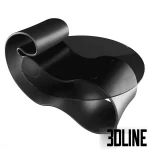 3D model of the Gestalt Coffee Table, featuring a dynamic, continuous black ribbon base that loops organically to support a thin glass top, creating a futuristic silhouette.