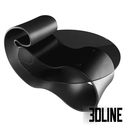 3D model of the Gestalt Coffee Table, featuring a dynamic, continuous black ribbon base that loops organically to support a thin glass top, creating a futuristic silhouette.