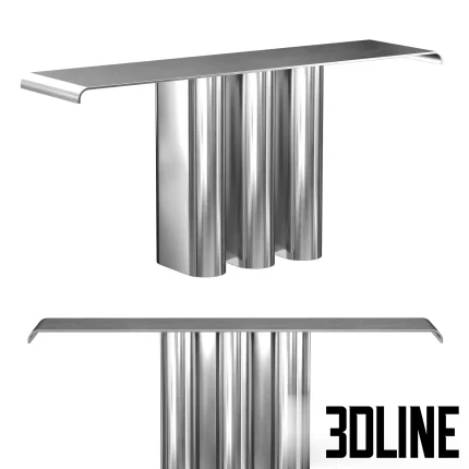 3D model of the GII3 Console table featuring a striking base made of three vertical chrome cylinders and a sleek, thin metallic top with curved waterfall edges.