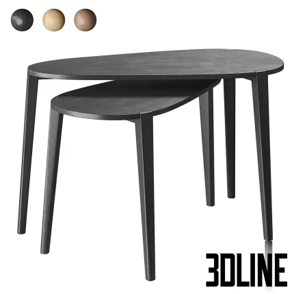 3D model set of Gilmore nesting coffee tables from Divan.ru, featuring organic triangular "guitar pick" shapes in black stained wood, showing different height variations.