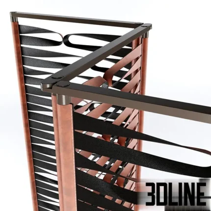3D model of the Giorgetti Borealis screen, a luxury 3-panel room divider featuring a metal frame with interwoven leather straps creating a geometric loop pattern.