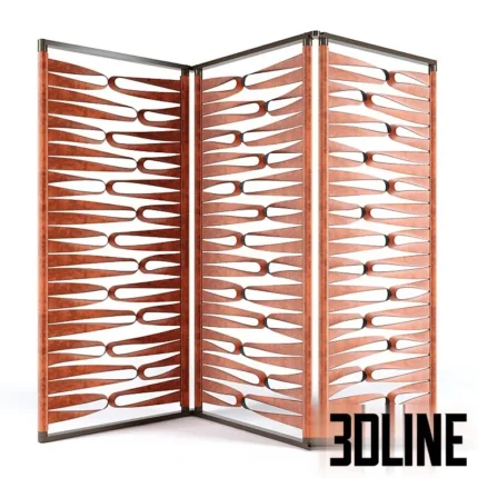 3D model of the Giorgetti Borealis screen, a luxury 3-panel room divider featuring a metal frame with interwoven leather straps creating a geometric loop pattern.