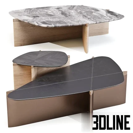 3D model of Giorgetti Griffe coffee tables featuring asymmetrical, organic-shaped tops in grey marble, dark wood, and leather finishes, supported by crossed panel bases.