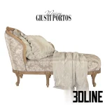 High-detail 3D model of the Nouvelle 430 couch by Maison Giusti Portos, a classic chaise lounge featuring carved wooden legs, beige damask pattern upholstery, plush ruffled pillows, and a draped silk throw.