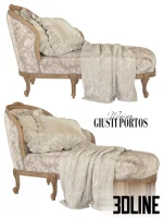 High-detail 3D model of the Nouvelle 430 couch by Maison Giusti Portos, a classic chaise lounge featuring carved wooden legs, beige damask pattern upholstery, plush ruffled pillows, and a draped silk throw.