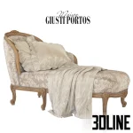 High-detail 3D model of the Nouvelle 430 couch by Maison Giusti Portos, a classic chaise lounge featuring carved wooden legs, beige damask pattern upholstery, plush ruffled pillows, and a draped silk throw.