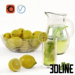 3D model of a refreshing lemonade drink set, including a glass pitcher, garnished glass, and a wire bowl overflowing with whole lemons.